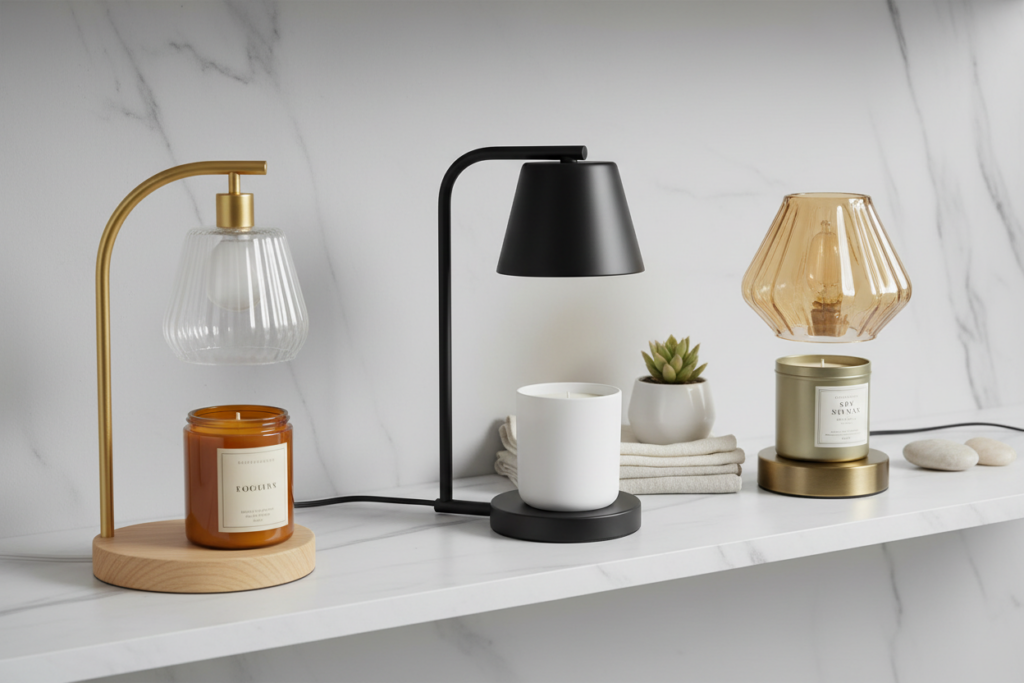 DSARD candle warming lamp collection styled on white marble shelf with minimalist Nordic home decor