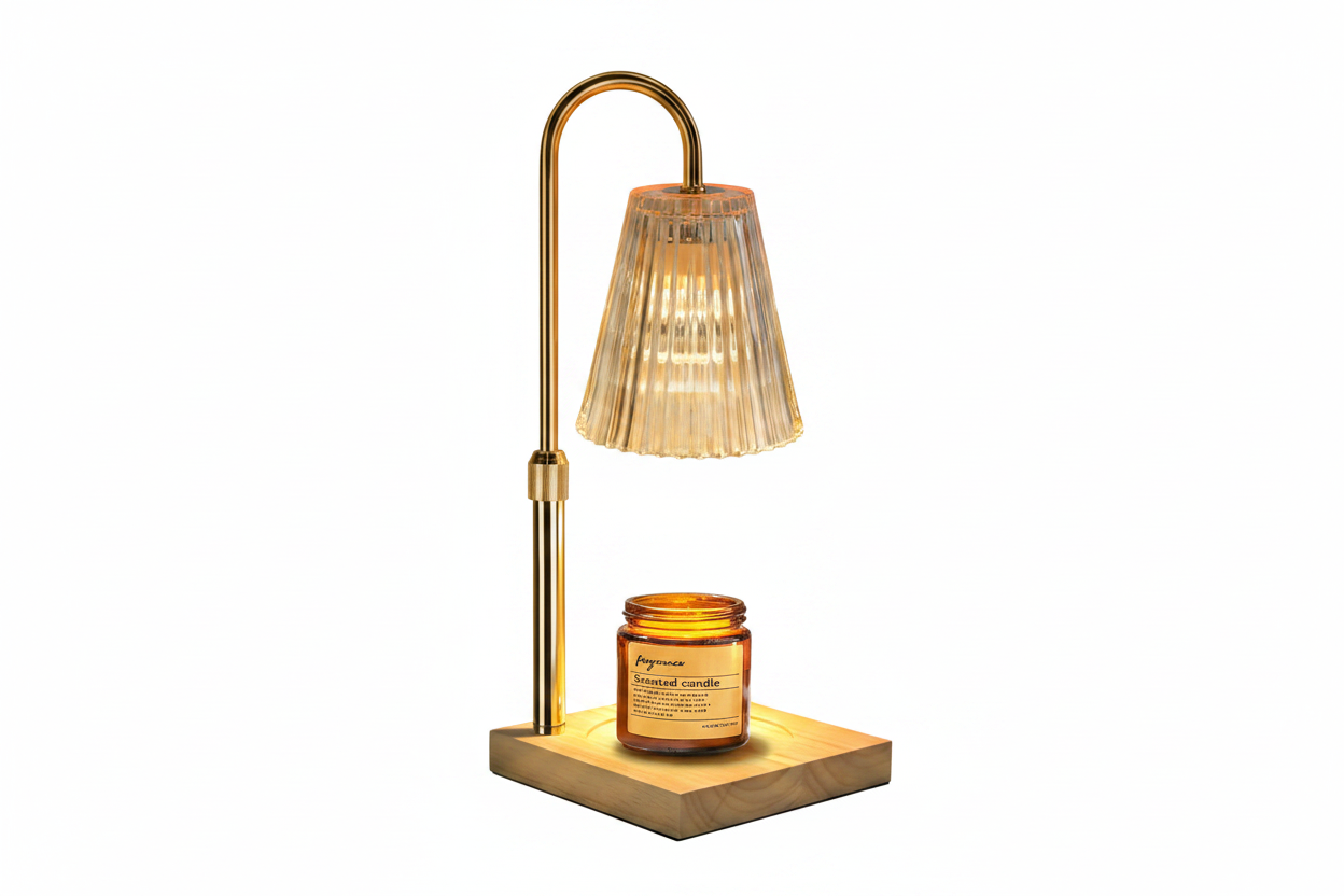 Candle warming lamp with gold arc stand and ribbed glass shade on wooden base, warming a scented jar candle with soft halogen glow Nordic minimalist home decor