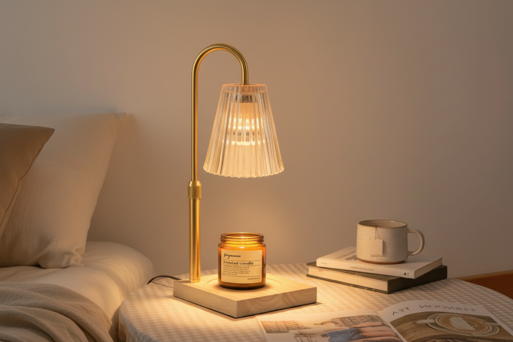 Candle warming lamp with wooden base glowing on a bedside table in a cozy modern bedroom