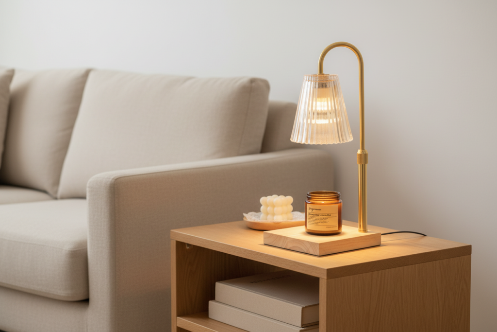 Candle warming lamp home decor living room setup with linen sofa and Nordic minimalist styling