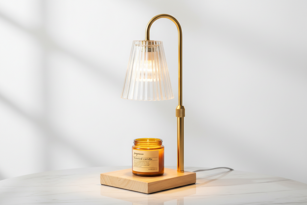 Candle warming lamp adjustable height over large jar candle on marble surface with wooden base detail