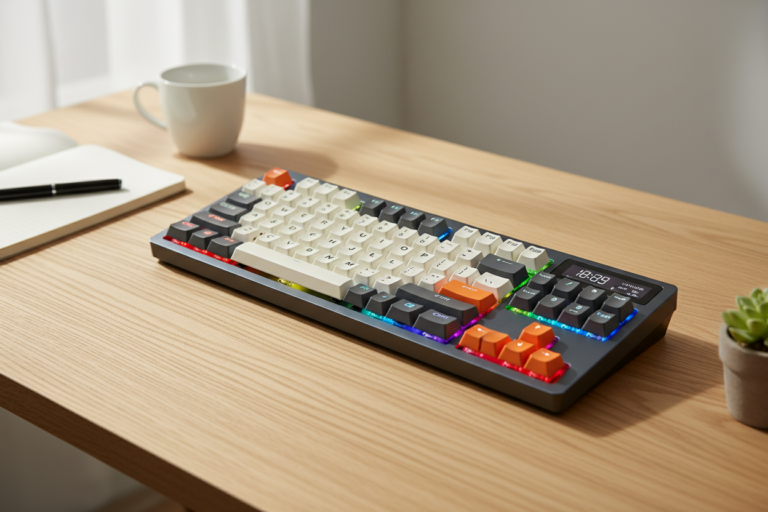 White wireless keyboard and mouse set on a minimal Nordic home office desk with natural light — DSARD premium home accessories