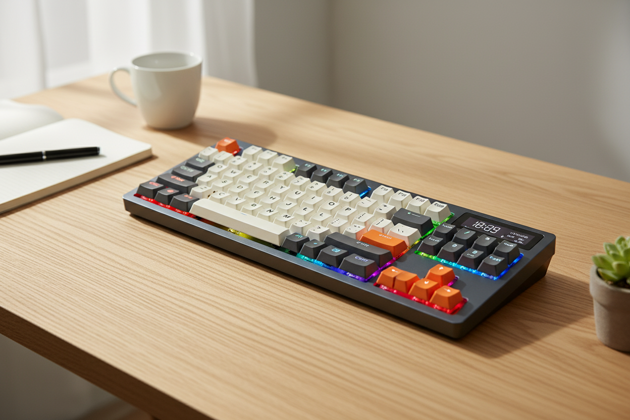 White wireless keyboard and mouse set on a minimal Nordic home office desk with natural light — DSARD premium home accessories