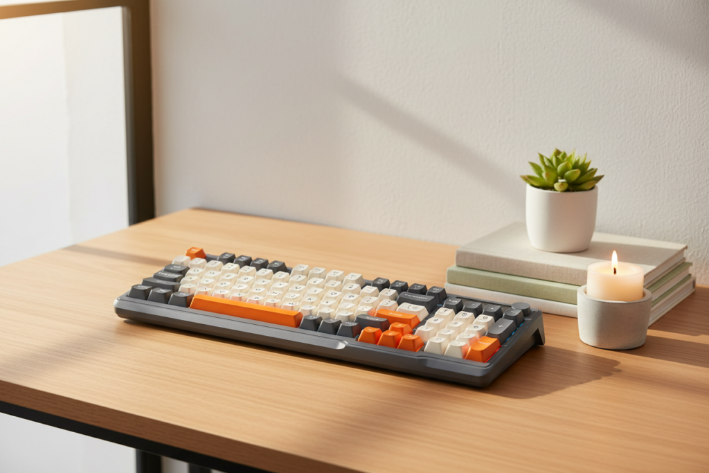 Styled Nordic home office desk with white wireless keyboard mouse set, candle, and minimal accessories