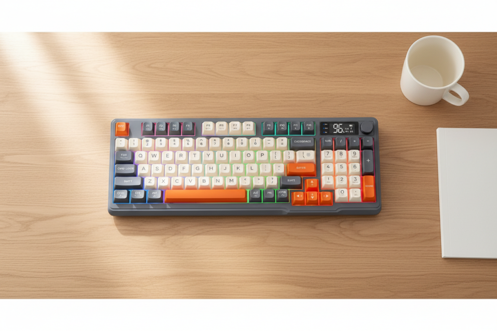 White wireless keyboard and mouse set on a minimal Nordic-style home office desk Caption