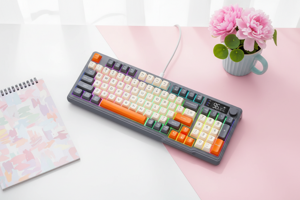 Pink cute wireless keyboard and mouse set on a pastel home office desk with notebook and plant