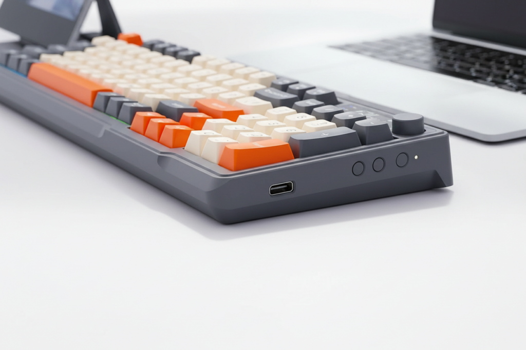 Slim rechargeable wireless keyboard and mouse combo in white with USB-C charging port detail