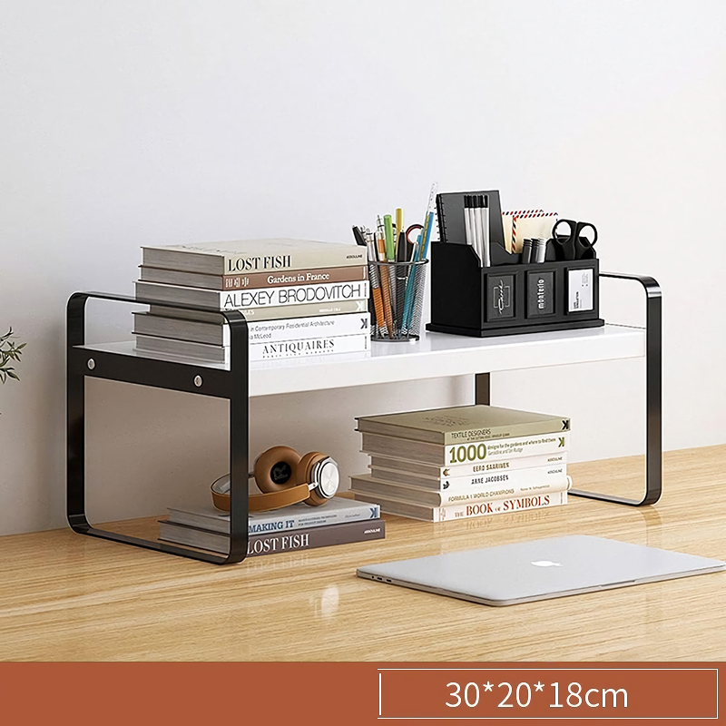 Rustic wood and metal desk organizer on a home office desk with notebooks and pens