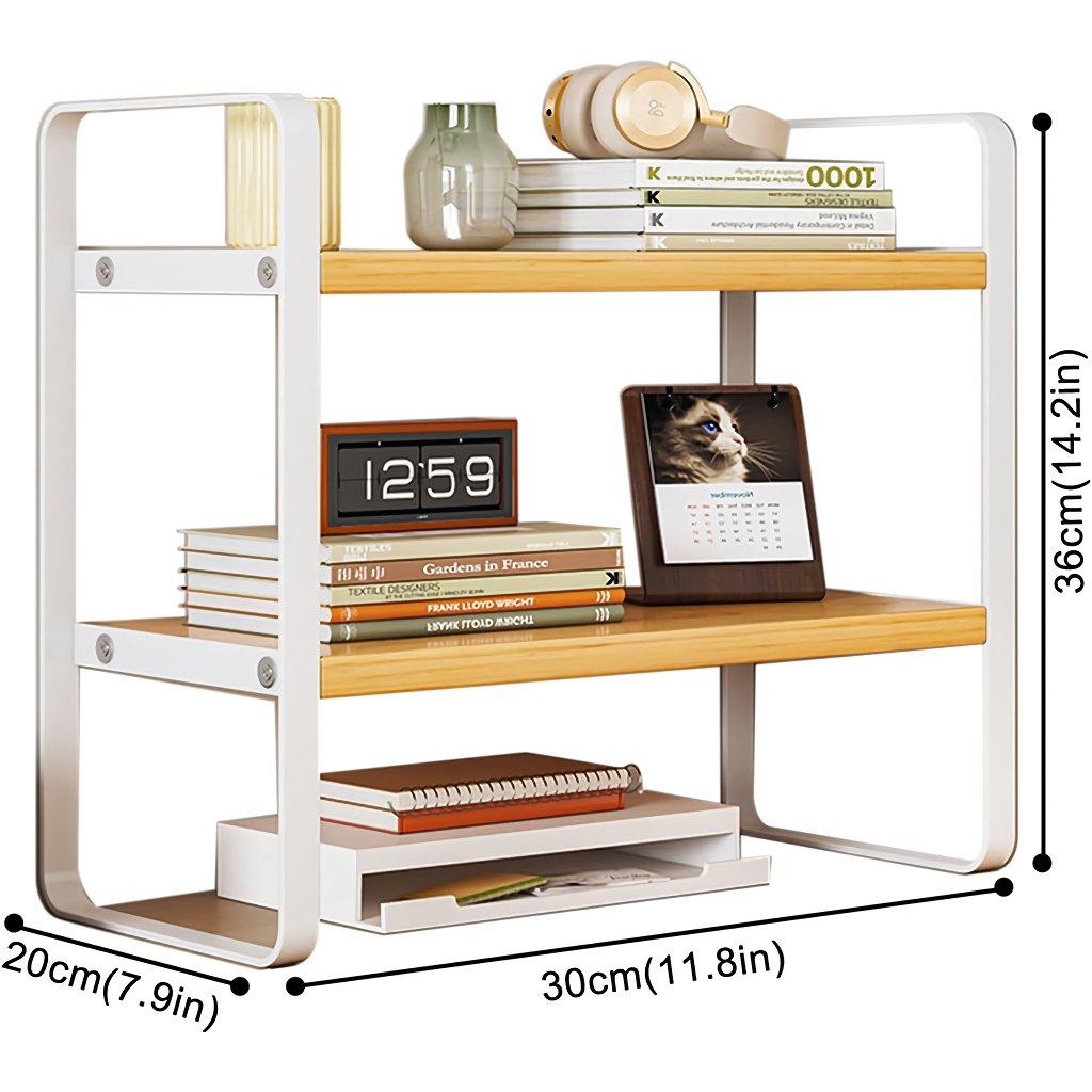 Rustic office desk organizer styled with plant and lamp in home office